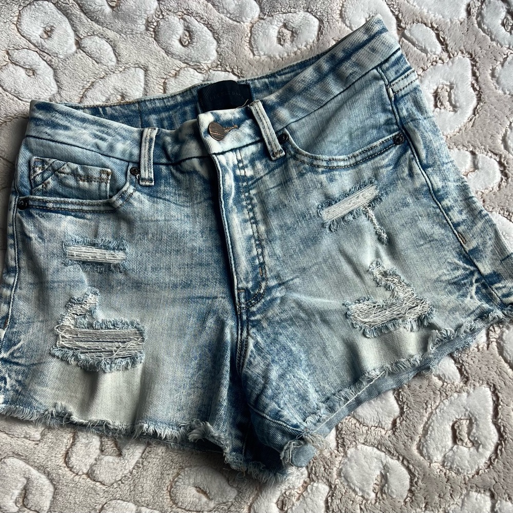 Buckle Black Blue Distressed Jean Shorts with Raw Hem